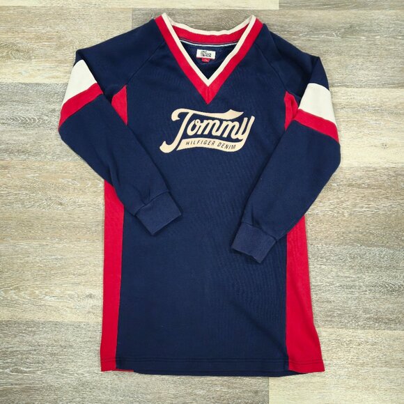 Tommy Hilfiger Denim Sweatshirt Dress XS Navy Red Colorblock - Picture 7 of 7